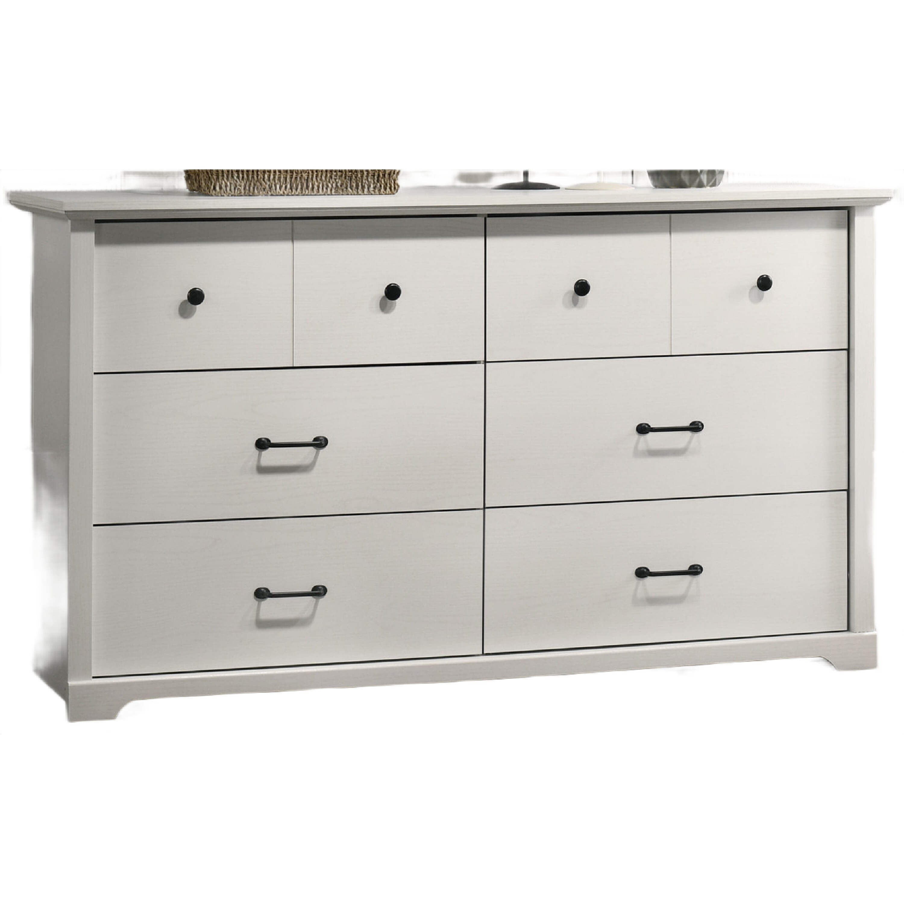 Lara Wide Dresser, 6 Drawer with Black Handles, White Lamination