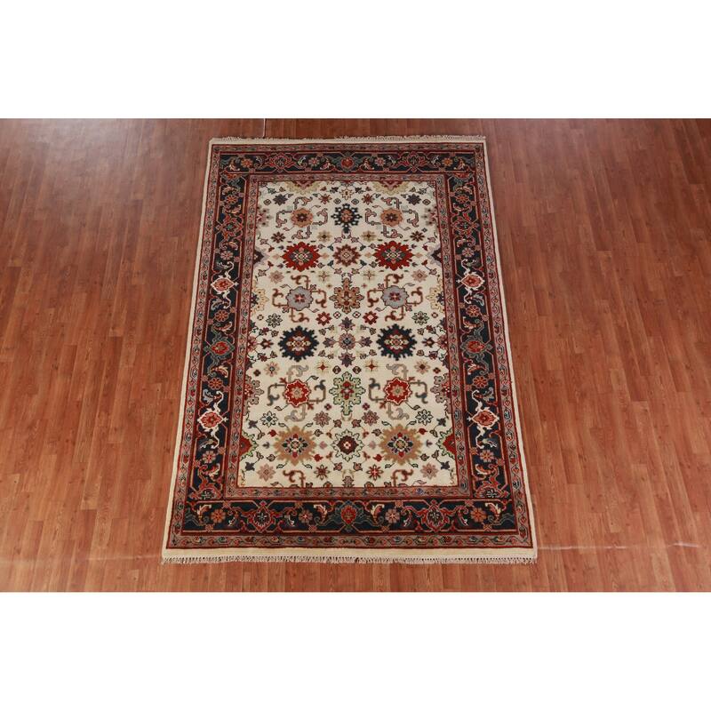 Hand Knotted Oriental 100% Wool Carpet Traditional Geometric Beige & Ivories Ziegler Area Rug - 9' 0'' X 6' 0''