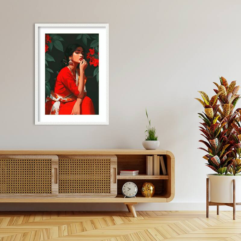 Indian Woman Red Traditional Dance Pose Elegant Teal by Tradelink inhouse artist Wood Framed Wall Art Print