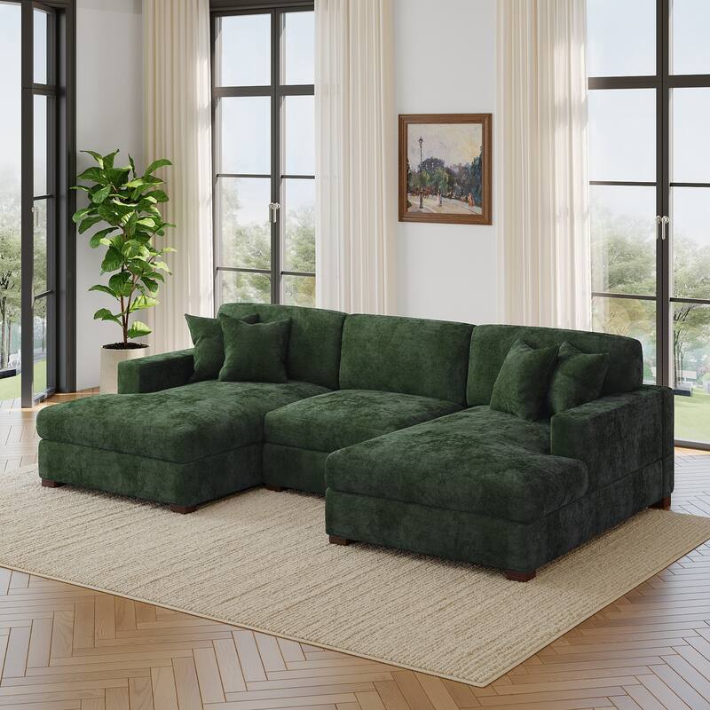 Modern Upholstered Chenille Modular Sectional Sofa with 2 Chaise - Green-3 Piece