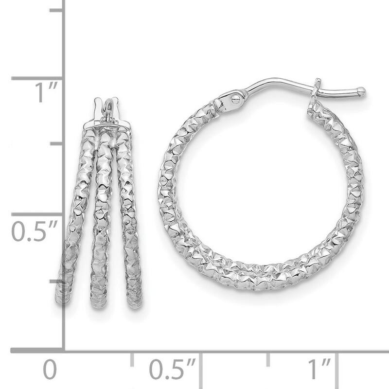 Curata 14k White Gold Polished and Textured Three Row Hoop Post Earrings - 19.45x18.7mm