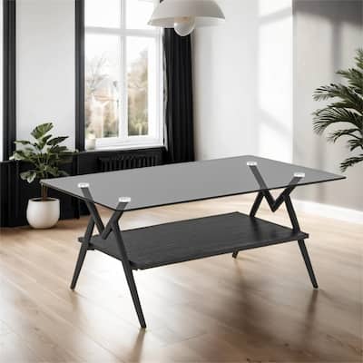 Modern Rectangle Coffee Table with Tempered Glass top and Metal Legs