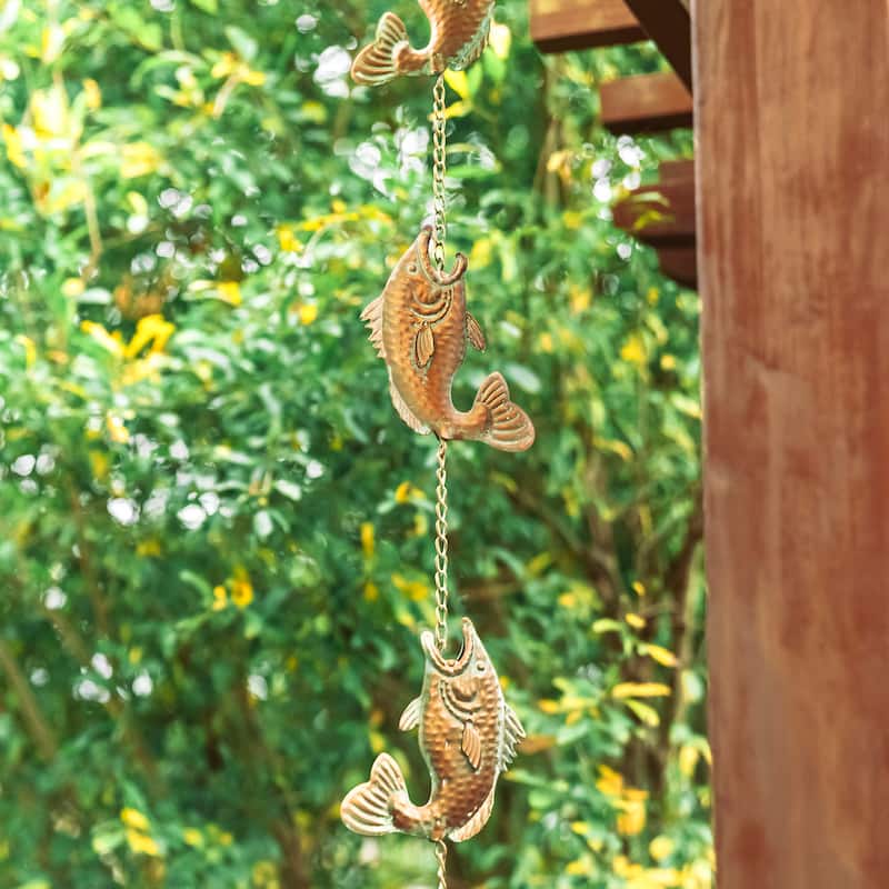Glitzhome 102"L Faux Copper Patina Finish Fish Shaped Rain Chain with Clip