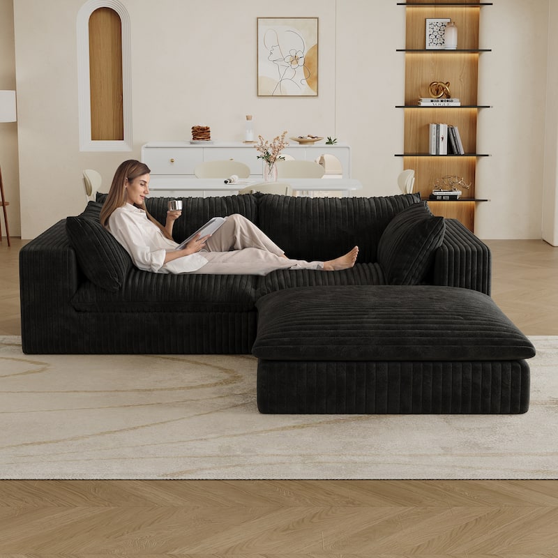 Corduroy Loveseat & Ottoman Set, L-shaped Sectional Sofa with Double-layer Seat Cushions, Modular Chaise Lounger Couch - Black