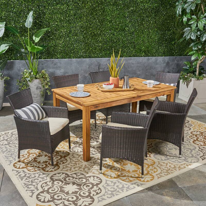 Nora Outdoor 7 Piece Acacia Wood and Wicker Expandable Dining Set by Christopher Knight Home - Natural + Multi Brown + Beige Cushion