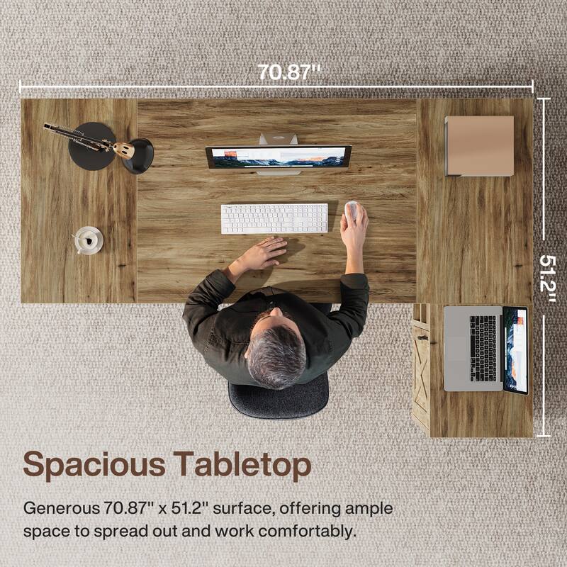 70.8" L-Shaped Executive Desk with File Cabinet and Storage Shelves, Large Office Computer Desk for Home Office