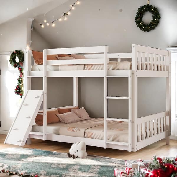slide 2 of 13, Playhouse Twin over Twin Floor Bunk Bed with Fun Design of Climbing Ramp and Ladder, Safety Guardrails White