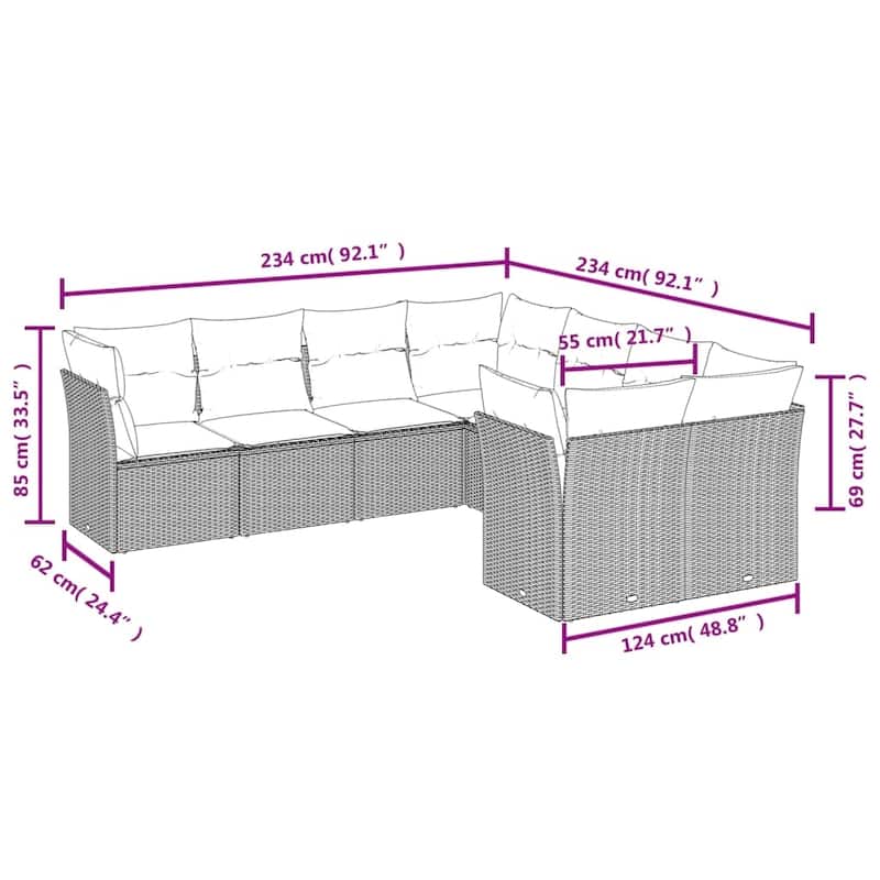 vidaXL Patio Sofa Set with Cushions Outdoor Furniture 8 Piece Poly Rattan - 24.4 x 24.4 x 27.2