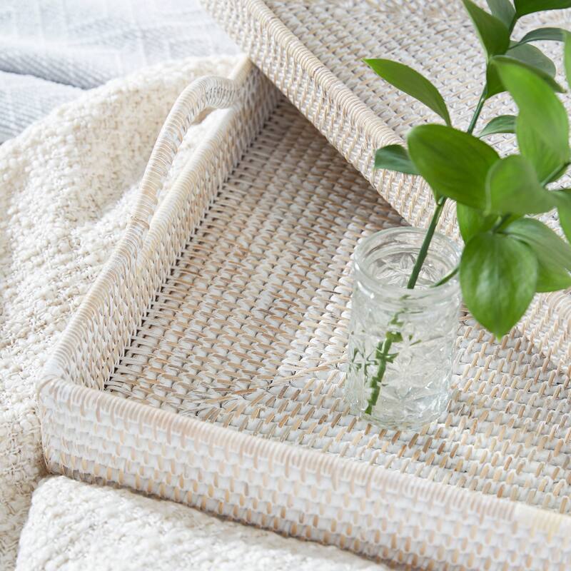 Cream or Brown Rattan Tray (Set of 2) - 26 x 16 x 3