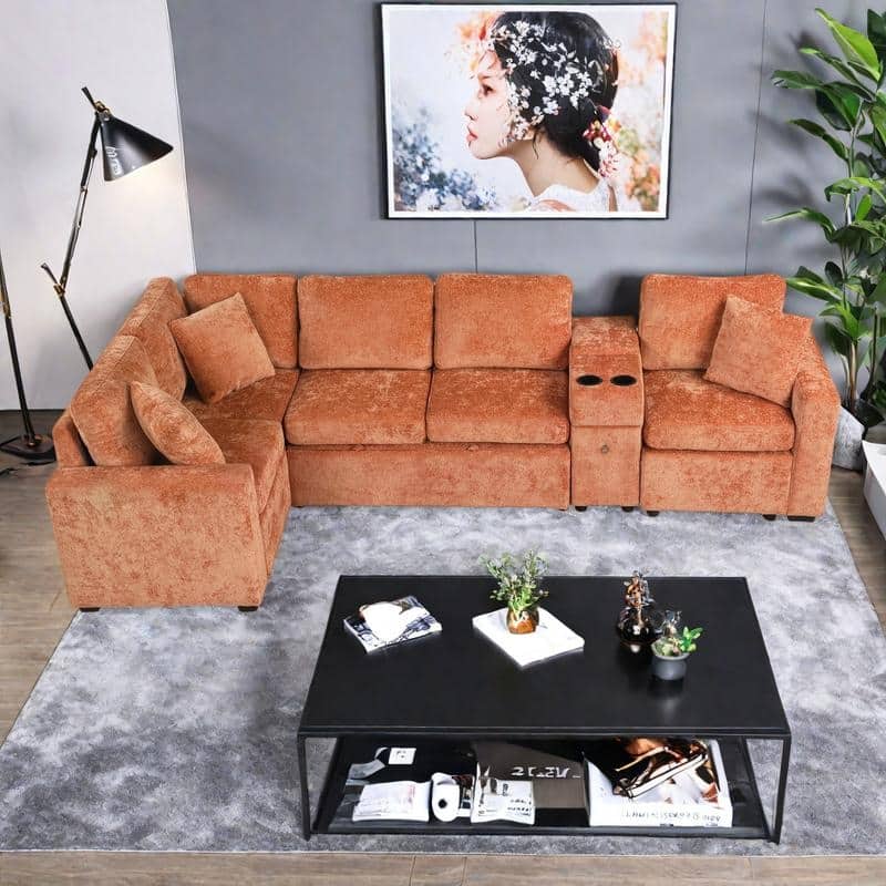 120.5" Chenille L-Shaped Convertible Sofa Bed with Pull-Out Bed, Storage Ottoman & Cup Holders