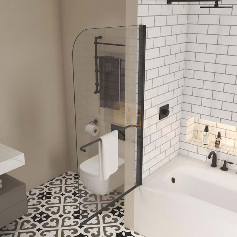 Modland Bathtub Pivot Shower Screen, 180 Swing, 1/4" Tempered Glass & Towel Bar, Chrome/Matte Black - 34x58 - Matte Black