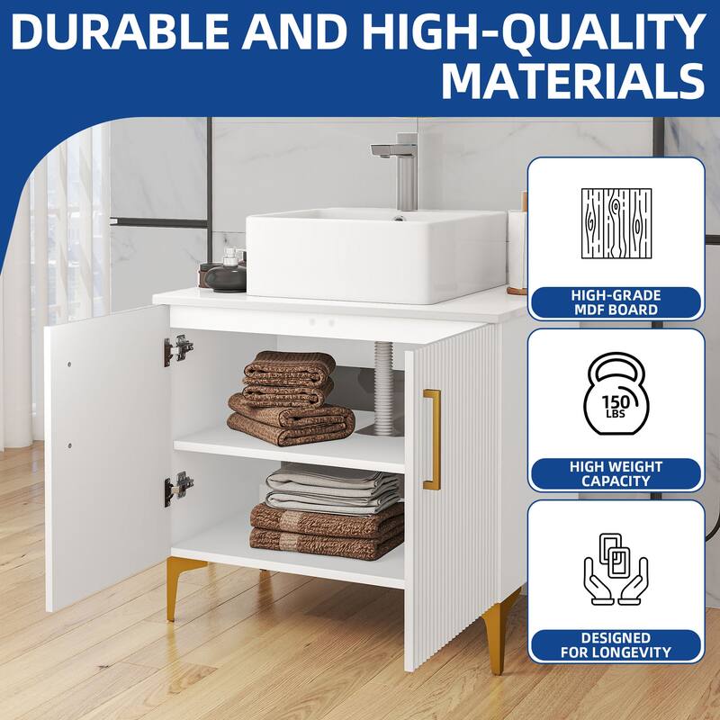 Freestanding Bathroom Vanity with White Stone Top Soft Close Doors and Gold Accents