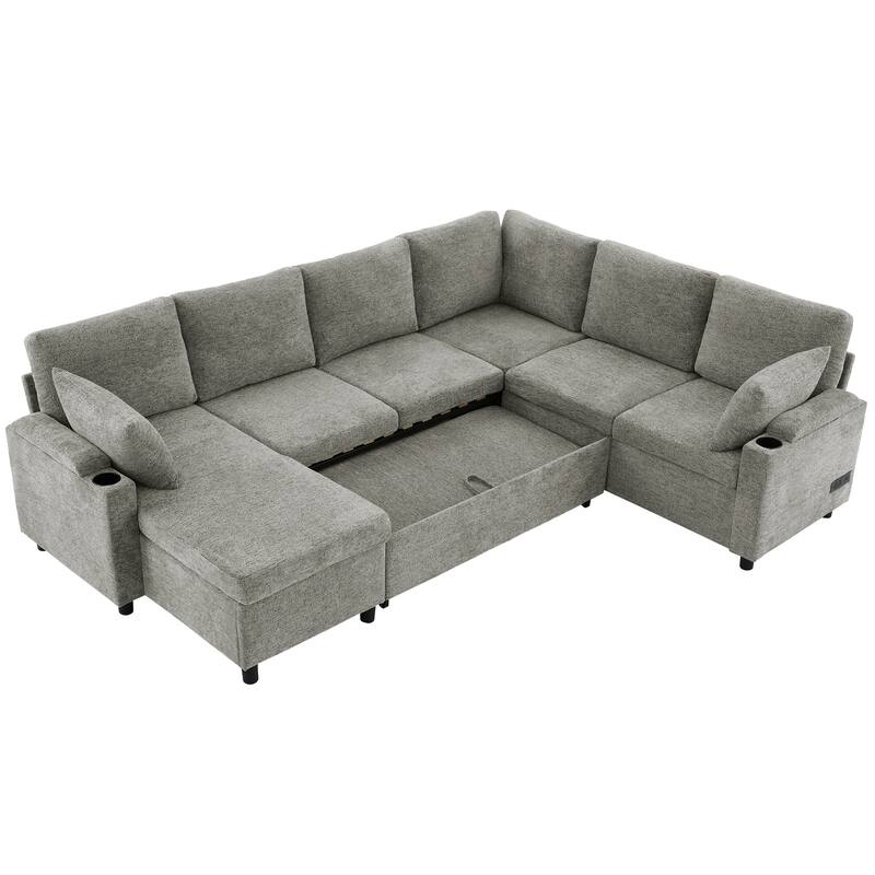 U-Shaped Chenille Sectional Sofa with Storage Chaise Lounge, Convertible Sleeper Sofa Bed with Cup Holders & Charging Ports