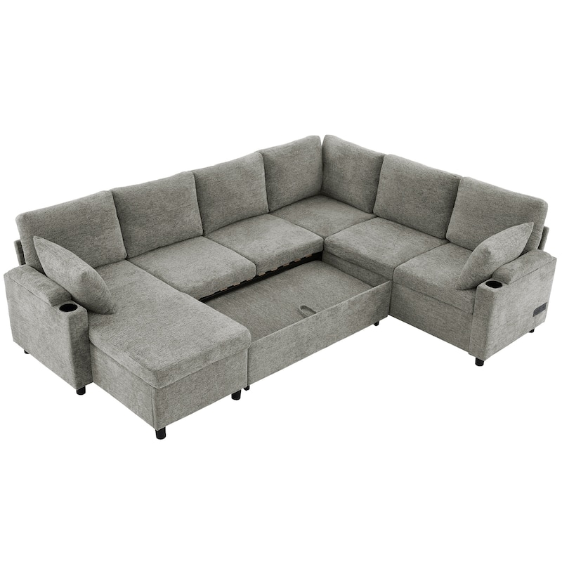 U-shaped Sofa, Chenille Sectional Sofa with 2 Cup Holders and Charging Ports Livingroom Sleeper Recliner Sofa Couch