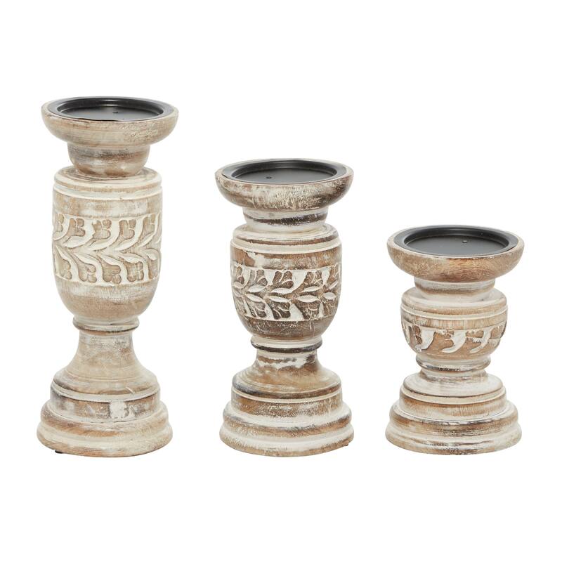 Beige Wood Handmade Decorative Candle Holder with Carved Designs (Set of 3)