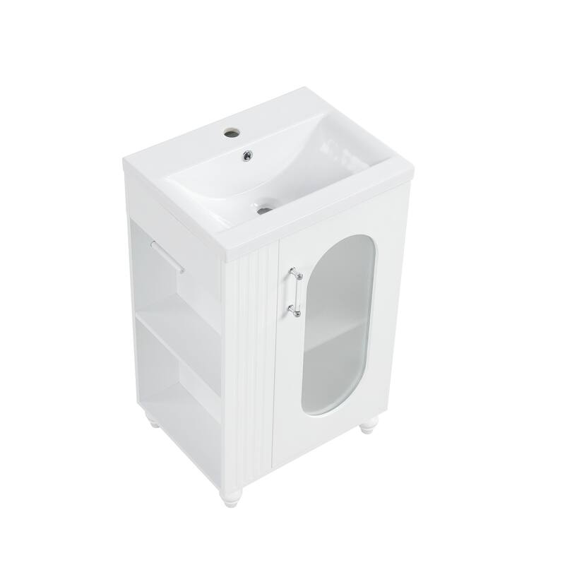 20" Small Bathroom Vanity with Ceramic Sink, Glass Door Bathroom Storage Cabinet with Toilet Paper Holder & Shelf, White