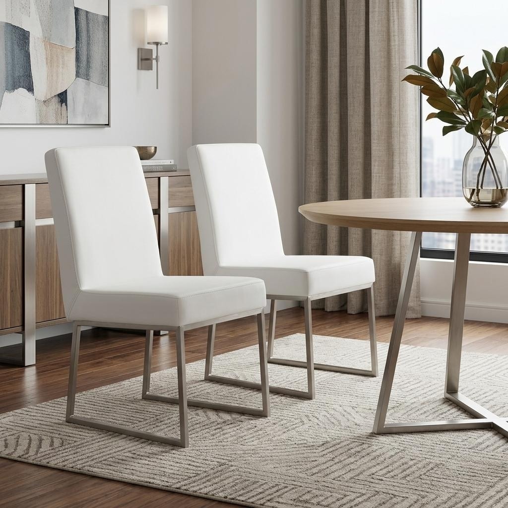 HomeRoots Set of Two White and Silver Faux Leather Dining Side Chairs - 20.00 in. x 35.00 in. x 25.00 in.