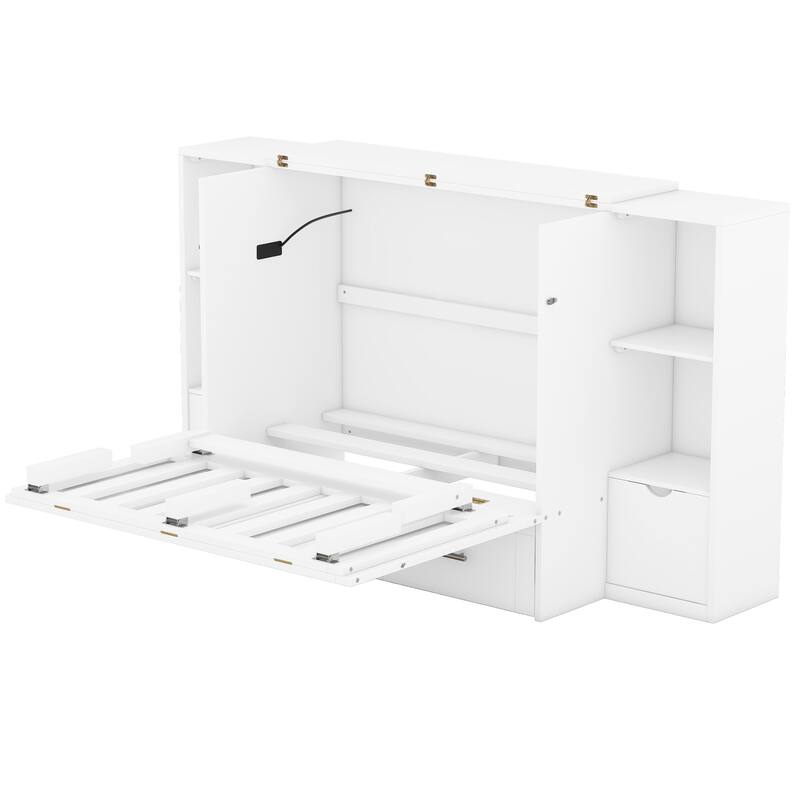 Space-Saving Queen Murphy Bed with Shelves, Drawers & USB Ports in White