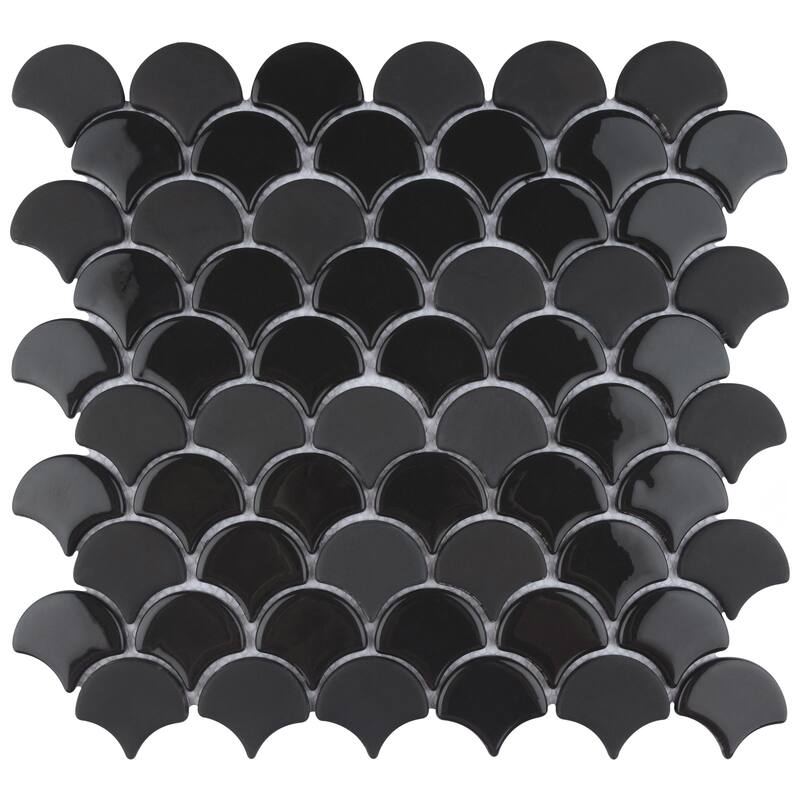 Merola Tile Expressions Scallop Black 11-1/4" x 12" Glass Floor and Wall Tile
