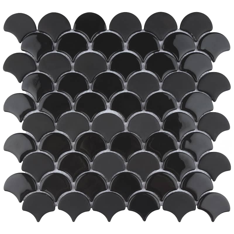 Merola Tile Expressions Scallop Black 11-1/4" x 12" Glass Mosaic Floor and Wall Tile