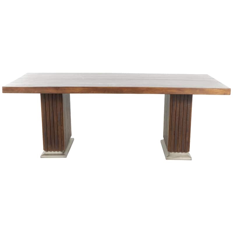 Mango Wood Mid Century Modern Dining Table with Ribbed Legs and Silver Bases - Brown - Roche River Decor - 42"W x 84"L x 30"H
