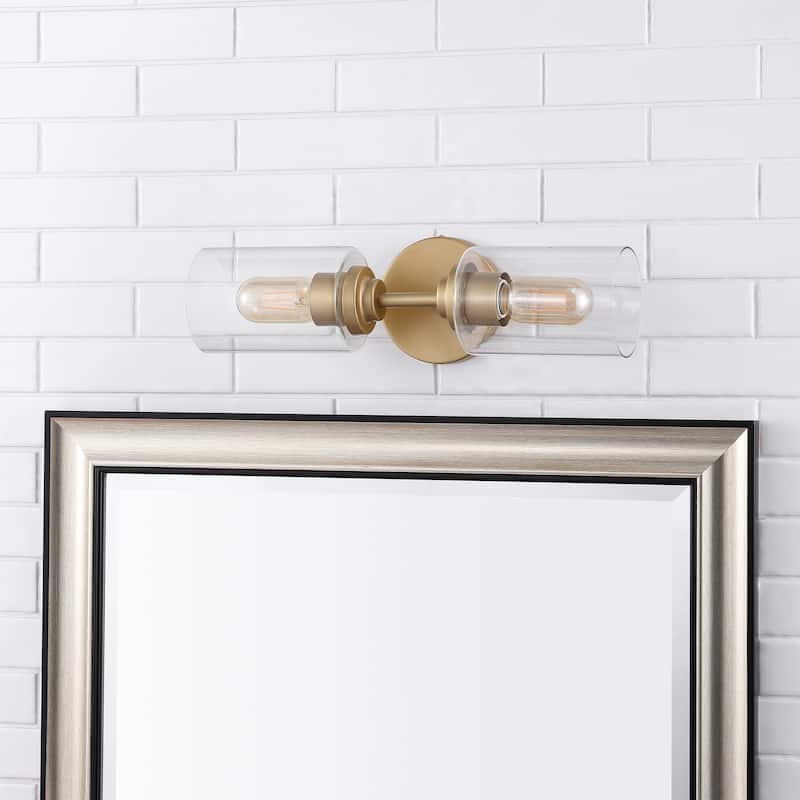 Giles 16" 2-Light Farmhouse Industrial Iron Cylinder LED Sconce, Oil Rubbed Bronze/Clear by JONATHAN Y - One