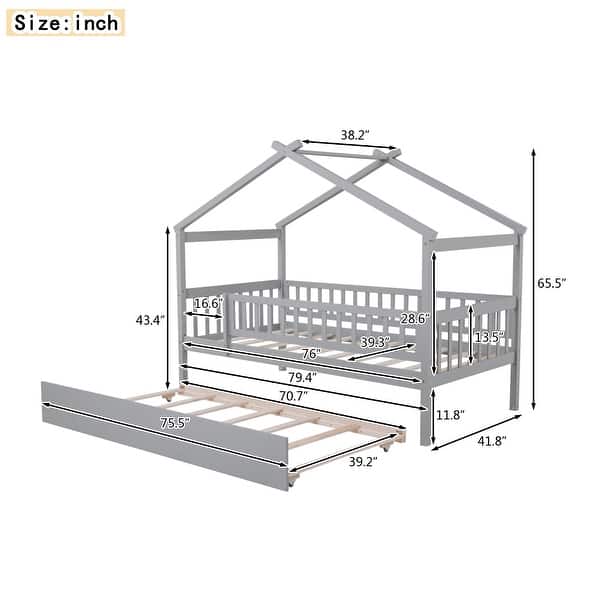 dimension image slide 0 of 4, Montessori Bed House Bed with Trundle Bed and Headboard, Wood Daybed Platform Bed Frame No Box Spring Needed for Boys Girls