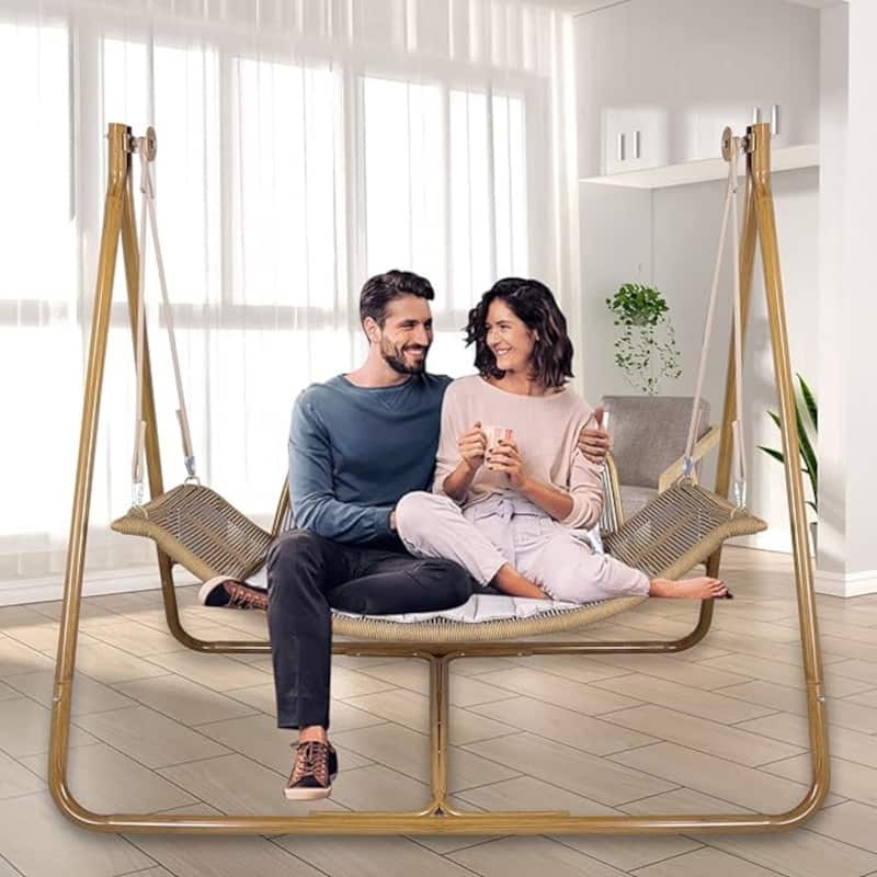 Double Hammock Swing Chair Triangle Bracket Hammock Chairs Woven Rattan Hanging Chair Lounge Chair for Indoor Outdoor