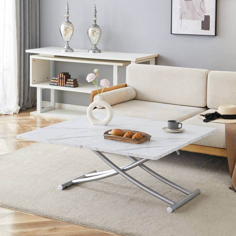 Roomfitters Lift Top Table with 0.8" MDF Surface and Silver Metal Legs, Modern Desk for Dining or Work Use, White+Silver