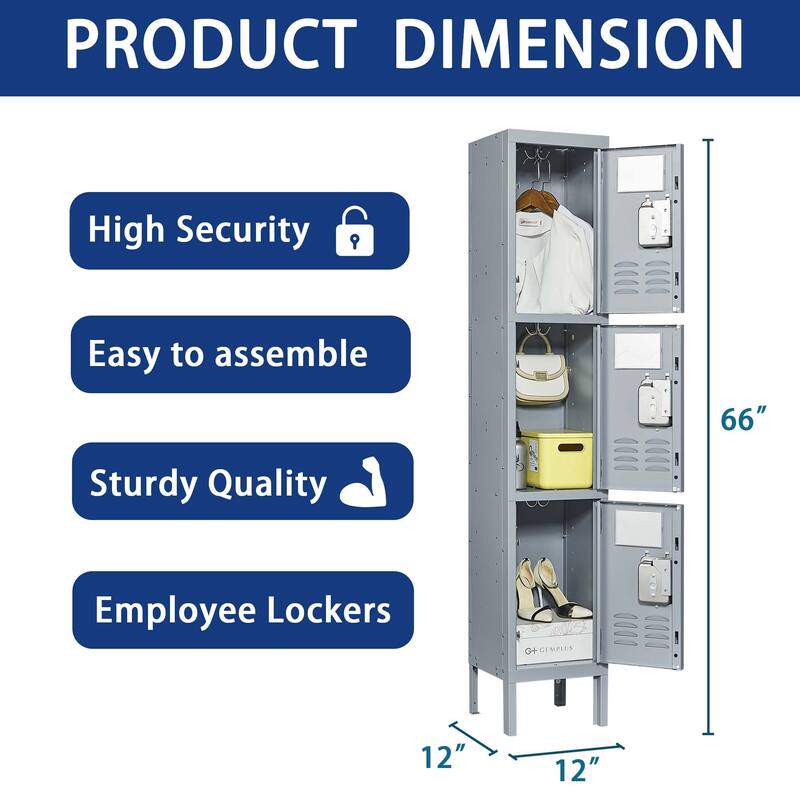 3 Door 66"H Metal Lockers With Lock