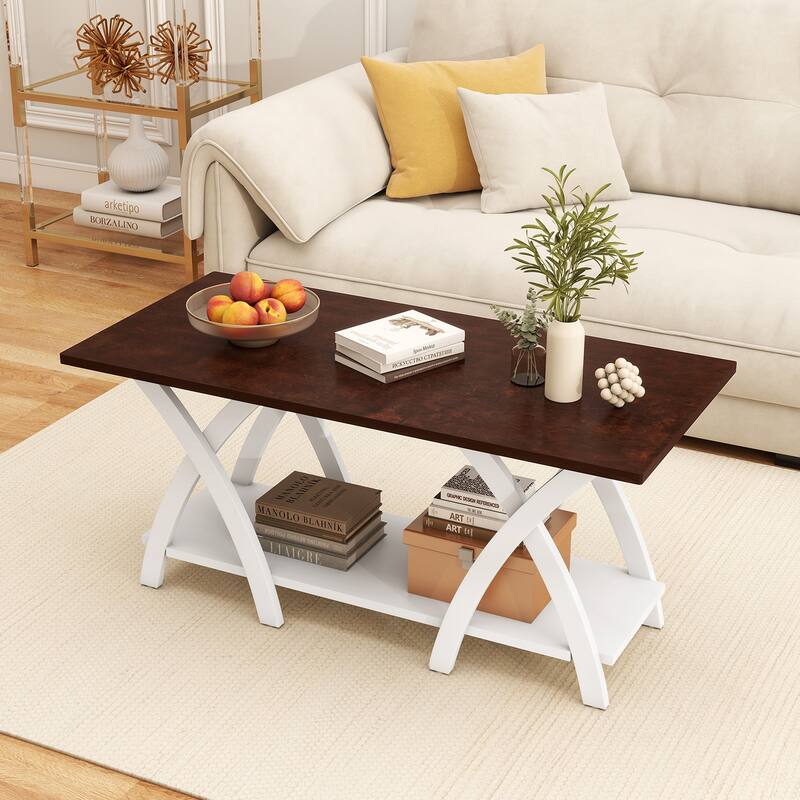 Gymax 2-Tier Coffee Table w/Storage Shelf & X-shaped Legs for Living