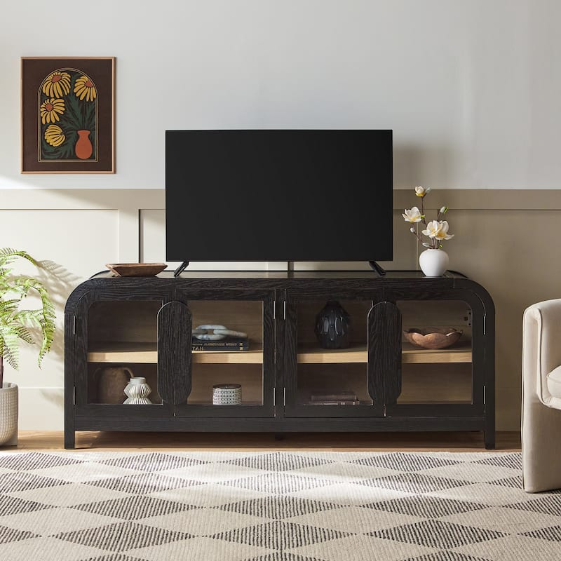 Walker Edison Modern Curved Easy Assembly TV Stand with Glass Paneled Doors