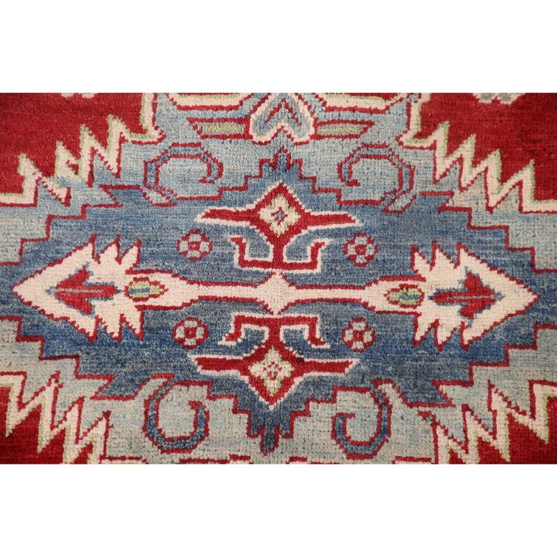 Red Kazak Area Rug Hand-Knotted Geometric Wool Carpet - 6'8" x 9'11"