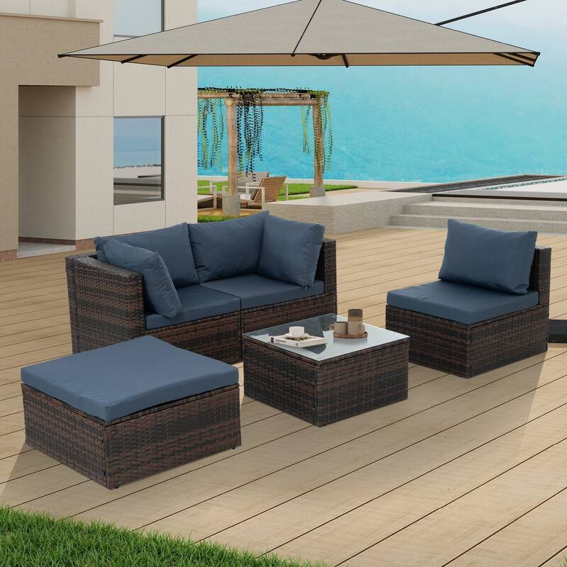 5-Piece PE Rattan Wicker Patio Conversation Set with Cushions - Navy Blue