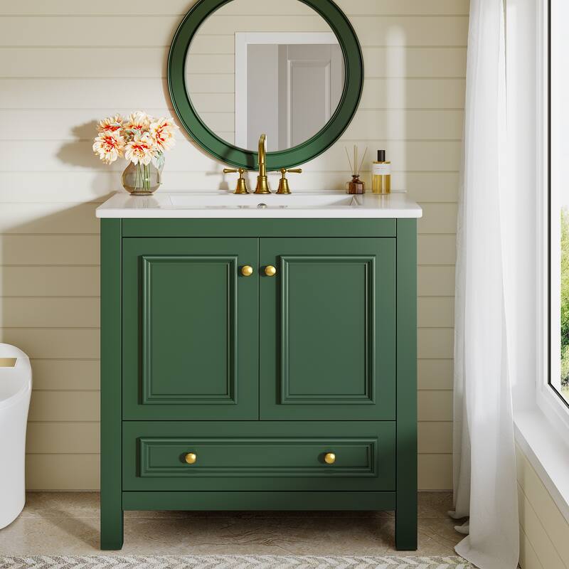 30 Inches Modern Bathroom Vanity Cabinet with Ceramic Basin & 1 Drawer - Green