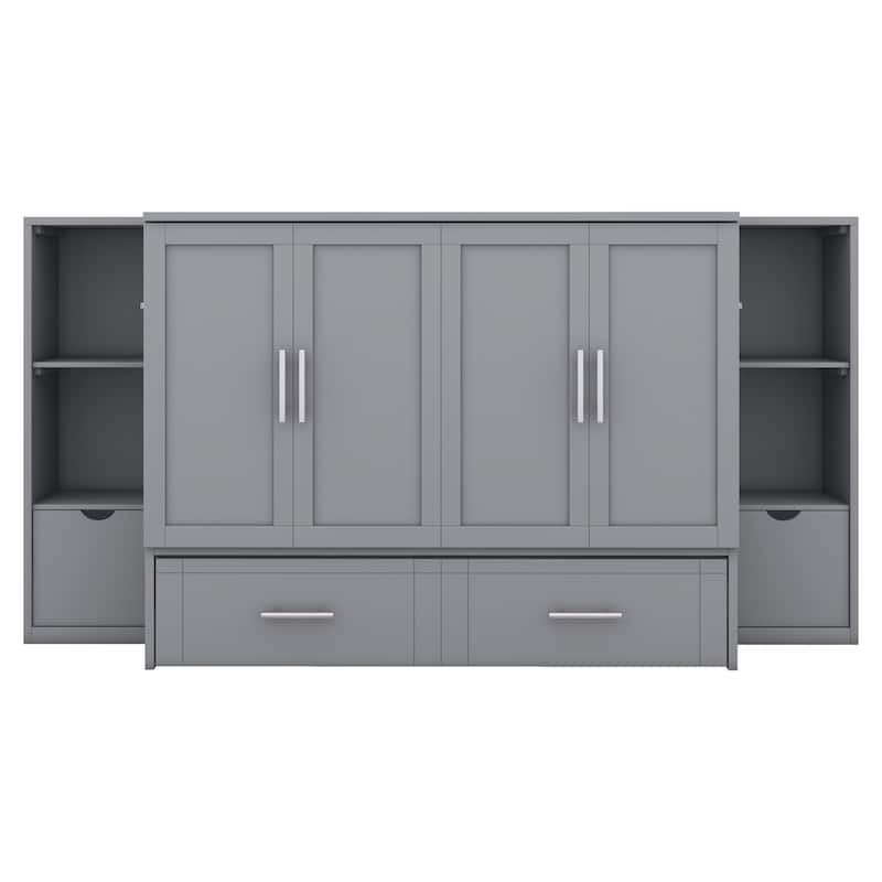 Full Size Murphy Bed with Shelves, Drawers and USB Ports,Gray