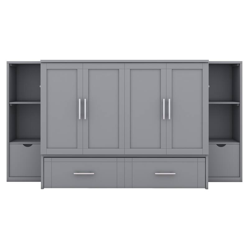 Gray Full Size Murphy Bed with Shelves, Drawers, and LED Lighting