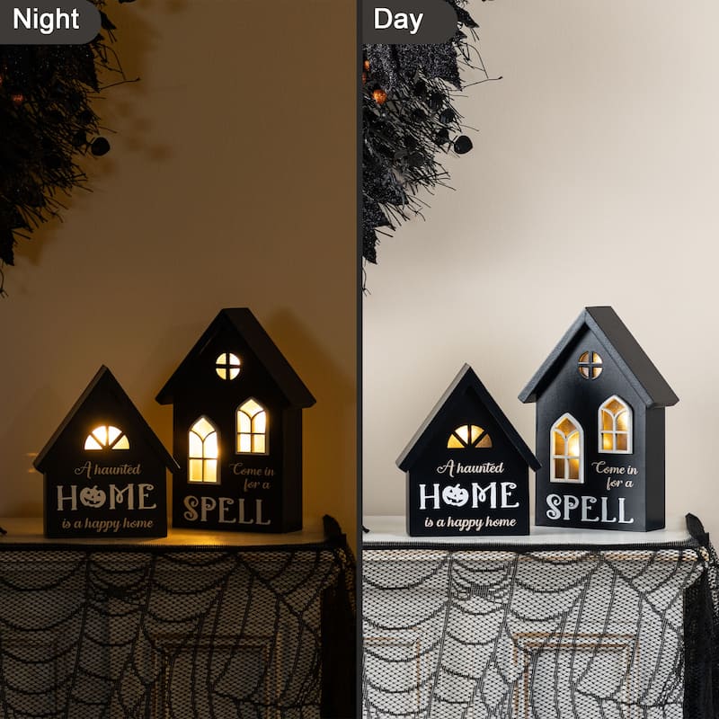 Glitzhome 8"H Set of 2 Lighted Halloween Wooden Hauted House Table Decor