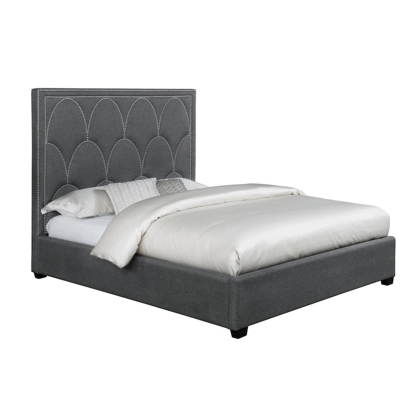 Bima Foam King Panel Bed, Nailheads on Scallop Headboard, Gray Upholstery