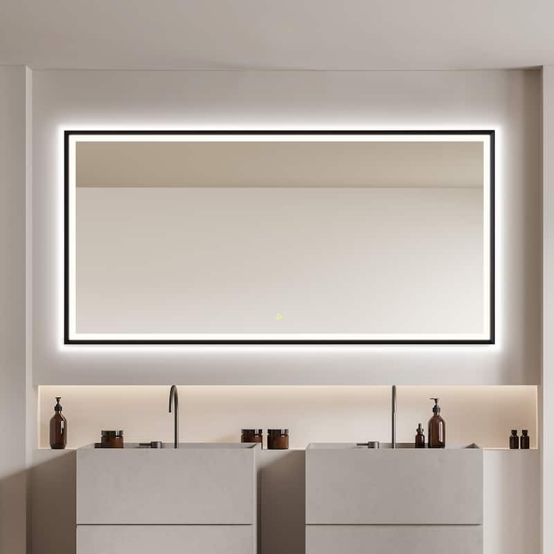 Apollo Rectangular Anti-Fog Dimmable Modern Bathroom/Vanity LED Lighted Wall Mirror in Matte Black Aluminum Framed