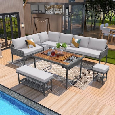 6-Pieces Wicker Outdoor Sectional Set with Wood Table Ice Box and Cushions
