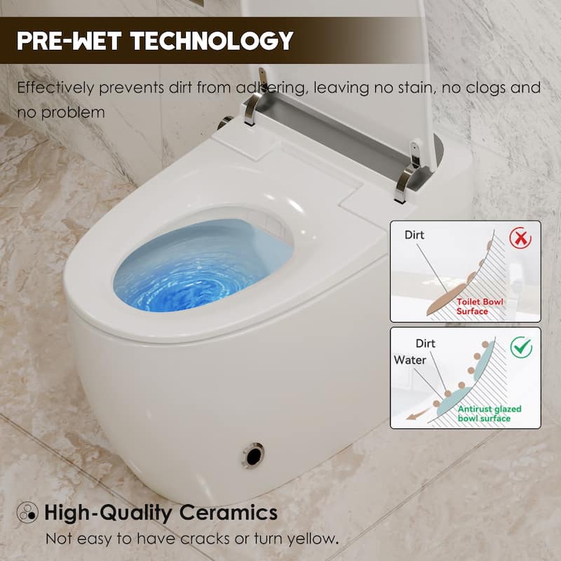 Smart Toilet with Heated Seat & Foot Sensor Flush - Tankless One-Piece Power Outage-Proof Toilet, Night Light, Soft Close Lid