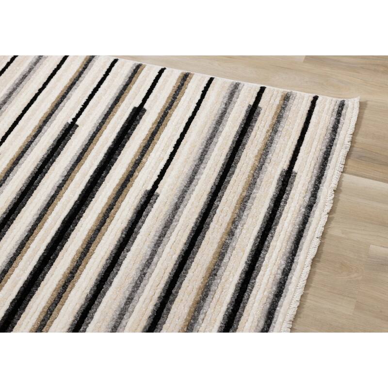 Cali Collection - Black/Cream Beige Symmetrical Stripes Rug