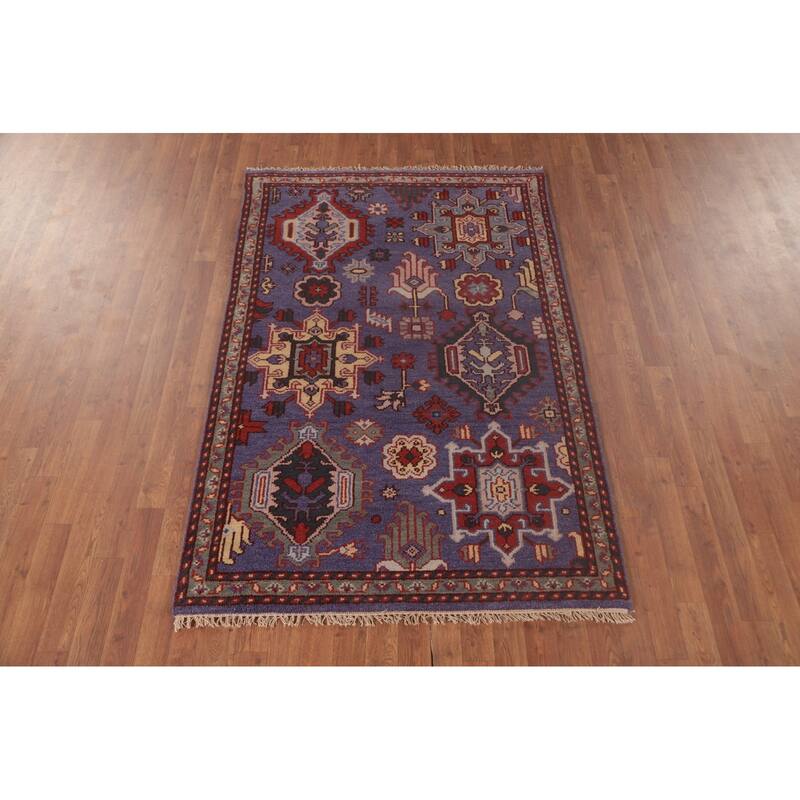 Geometric Oushak Oriental Foyer Rug Hand-Knotted Wool Carpet - 4'0" x 5'11"