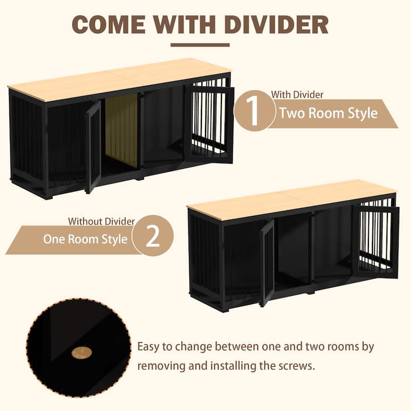 Large Dog Crate Furniture, 70.9"L Wooden Dog Crate Kennel with Divider