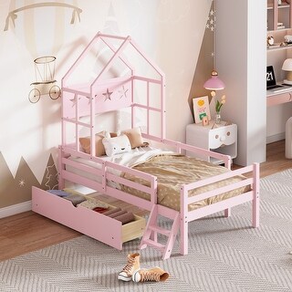 Wood Twin Size House Bed, Adorable Kids Platform Bed with Roof, Guardrail and Little Stair, Storage Bed Frame with Drawer