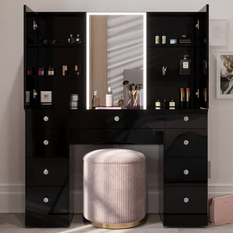 Boahaus w/Tri-Fold Lighted Makeup Vanity Desk With Glam Glass Top 9 Drawers Crystal knobs
