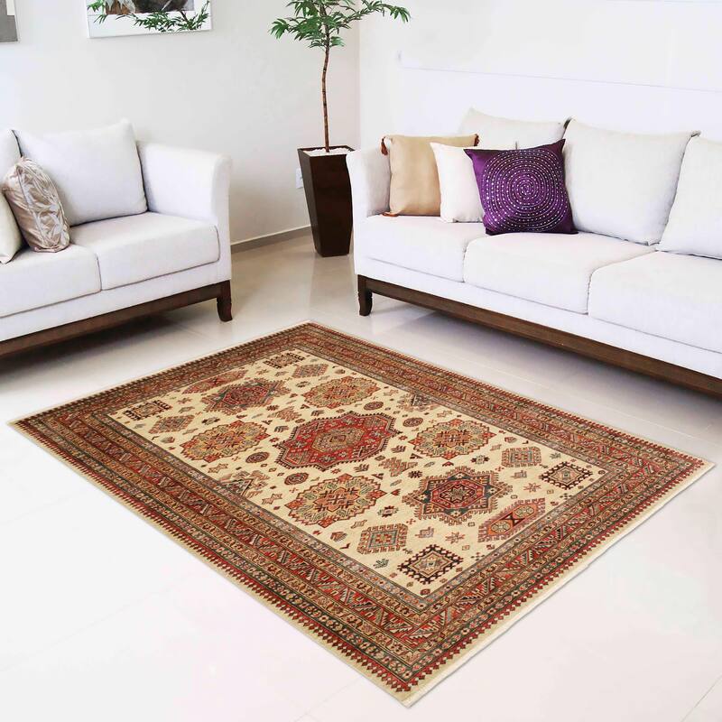Caucasian Super Kazak Lilith Beige/Rust Hand Knotted Wool Rug - 5'6'' x 8'0''