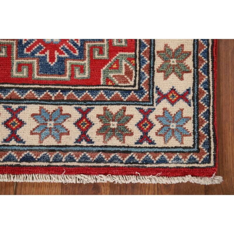 Hand Knotted Oriental 100% Wool Carpet Traditional Geometric Red Kazak Area Rug - 3' 0'' X 2' 0''