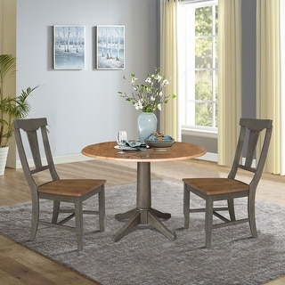 42 in. Round Dual Drop Leaf Dining Table with 2 Panel Back Chairs in Hickory/Washed Coal